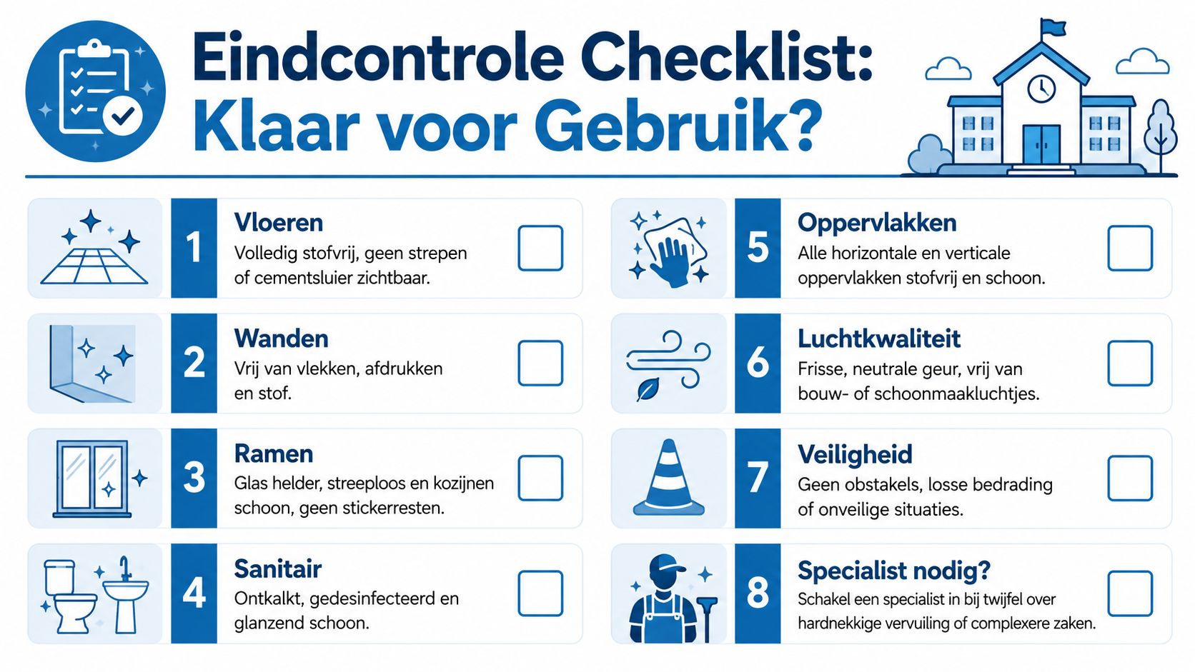 Een overzichtelijke checklist voor de eindcontrole van een schone basisschool, onderverdeeld in acht belangrijke schoonmaaktaken.