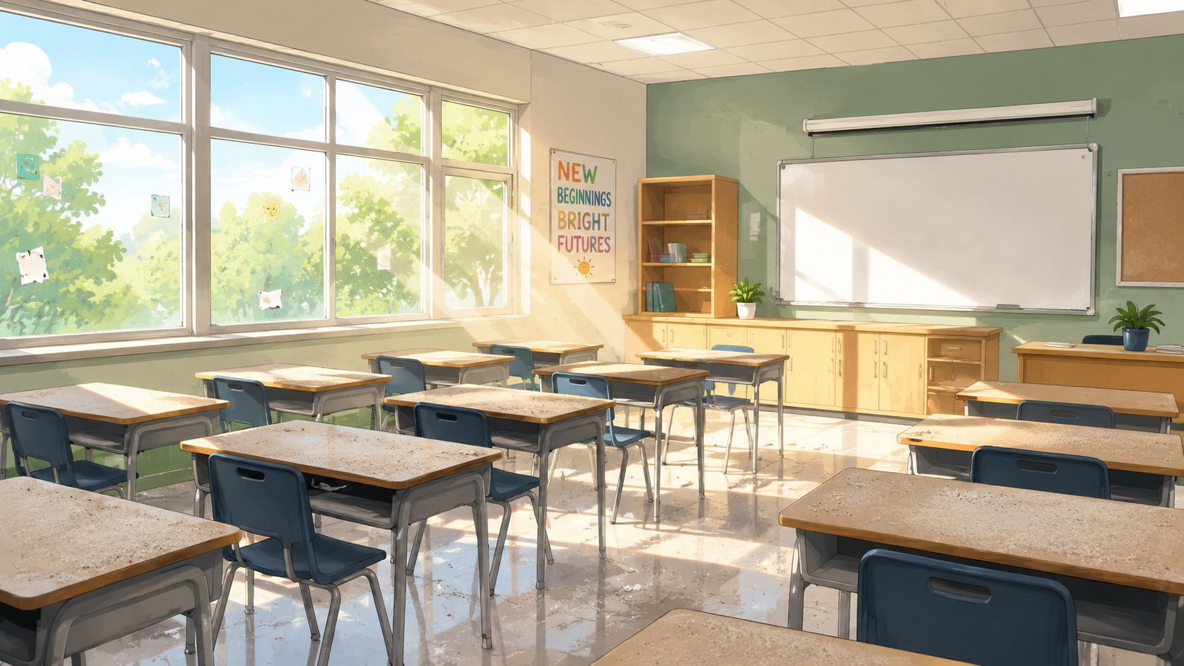 Een zonnig, leeg klaslokaal op een basisschool met houten schoolbanken en een groot witbord aan de muur.