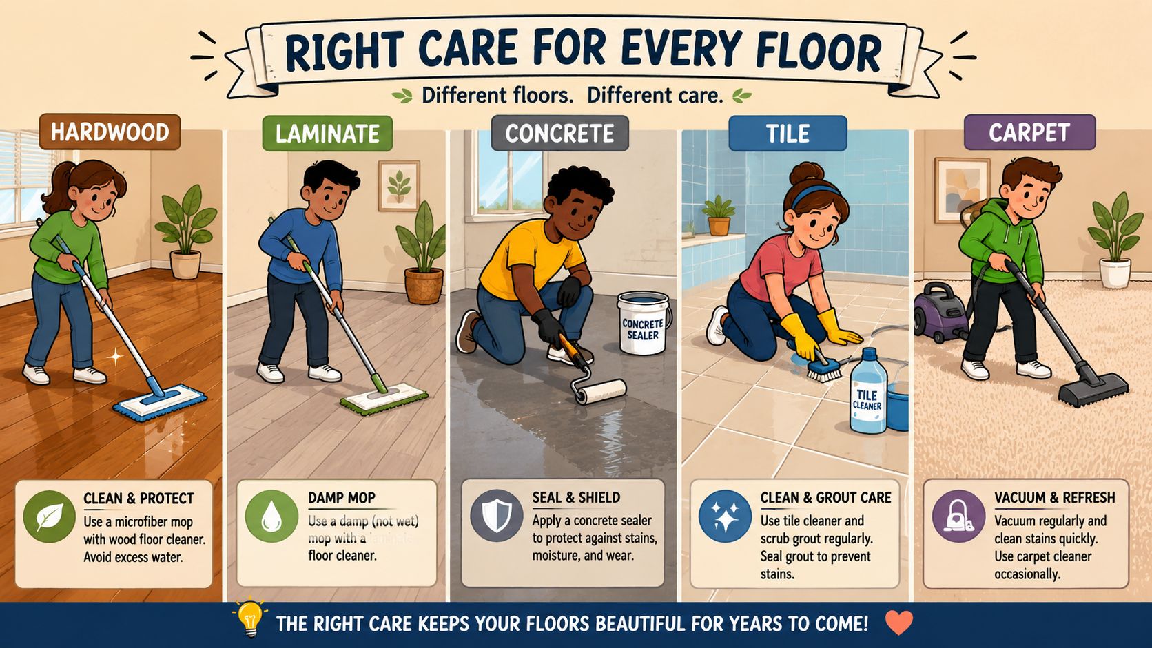Een illustratie met instructies voor het onderhoud van verschillende vloertypes zoals hout, laminaat, beton, tegels en tapijt.