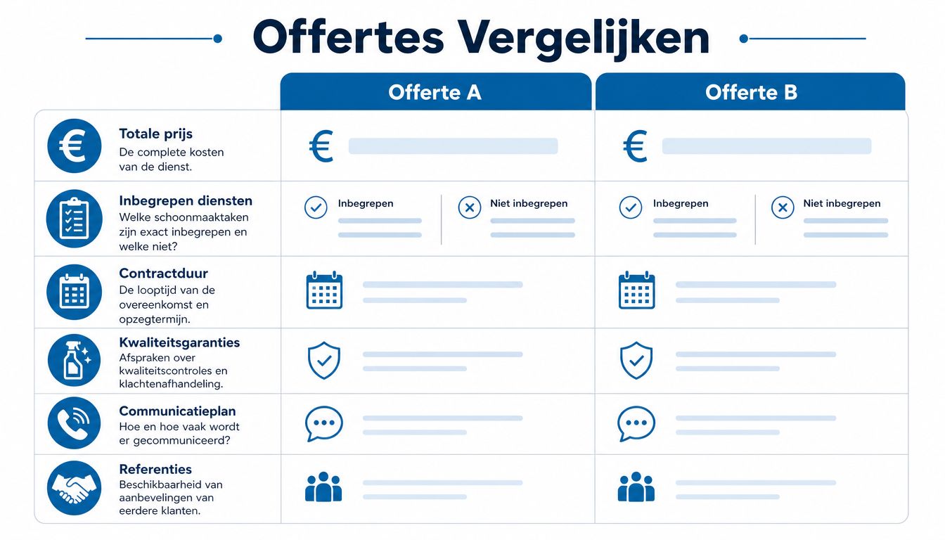 Een tabel waarin twee schoonmaakoffertes met elkaar worden vergeleken op basis van prijs, diensten en contractvoorwaarden.