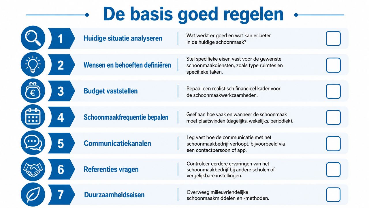 Een overzicht van zeven stappen voor het organiseren van schoonmaakwerkzaamheden op scholen en vergelijkbare instellingen.