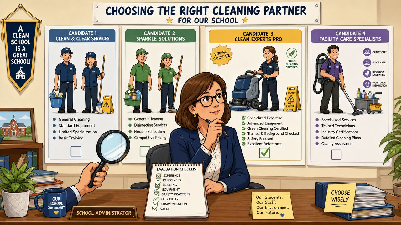 Een schoolbestuurder evalueert verschillende schoonmaakbedrijven met een checklist om de beste partner voor de school te kiezen.