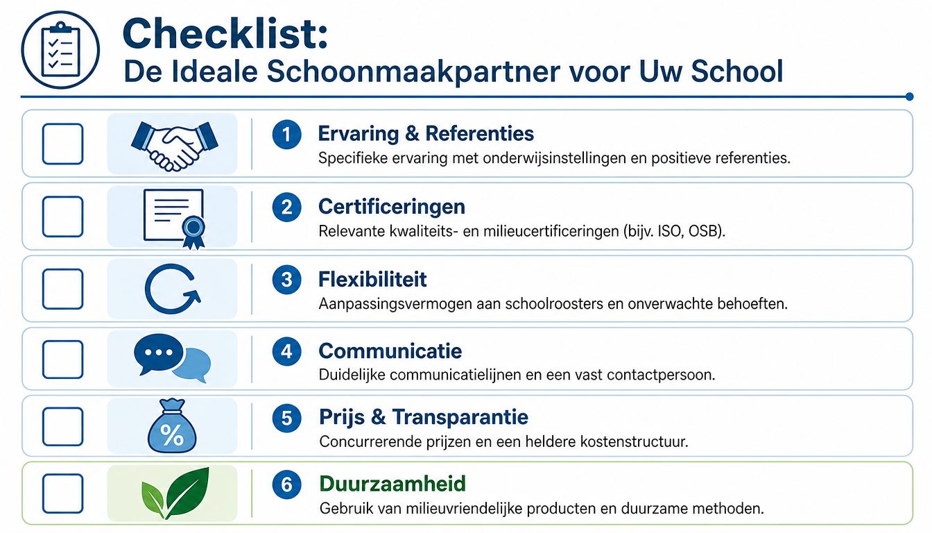 Een checklist voor scholen om de ideale schoonmaakpartner te kiezen op basis van kwaliteit en duurzaamheid.
