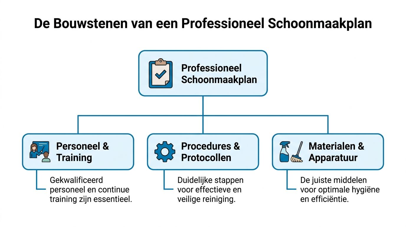 Een overzicht van de drie essentiële bouwstenen voor een professioneel schoonmaakplan in een zakelijke of educatieve omgeving.
