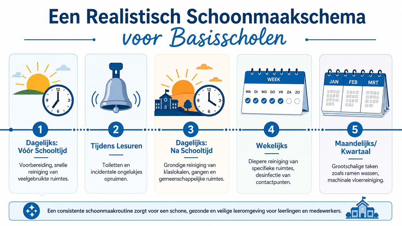 Een overzichtelijk schoonmaakschema voor basisscholen met dagelijkse, wekelijkse en maandelijkse taken voor een schone leeromgeving.