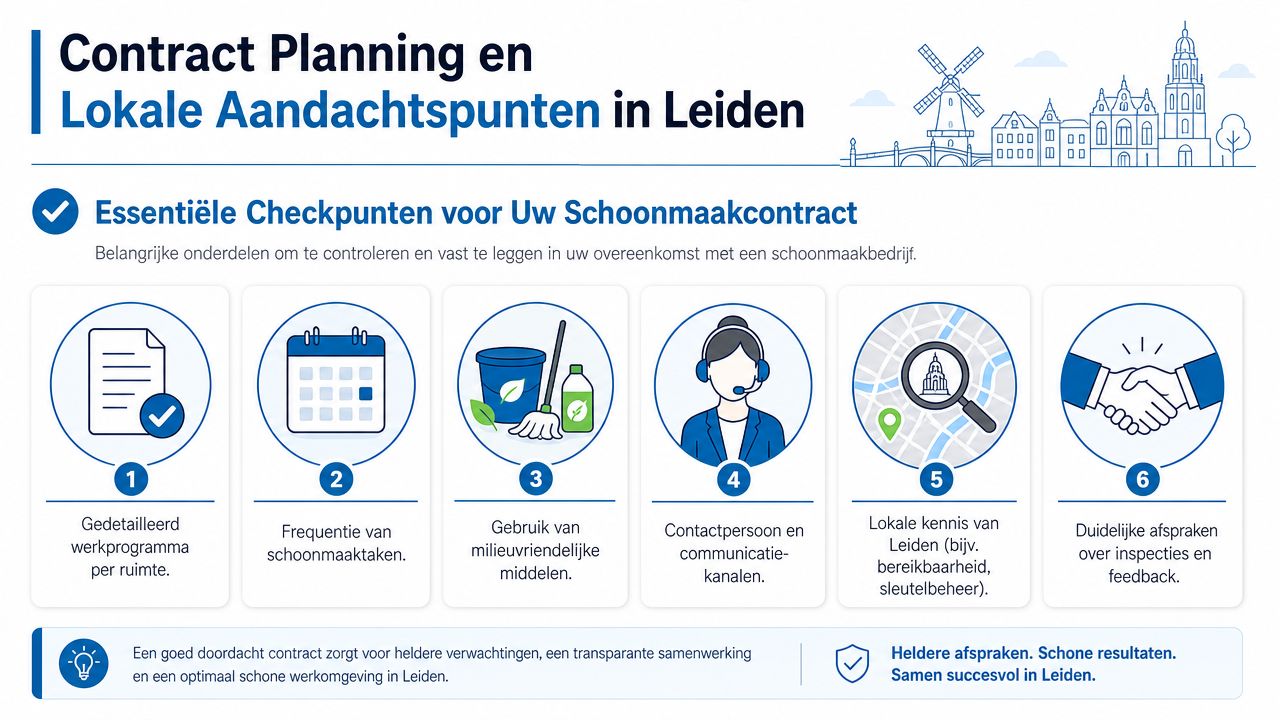 Een overzichtelijke infographic met zes essentiële checkpunten voor het opstellen van een succesvol schoonmaakcontract in Leiden.