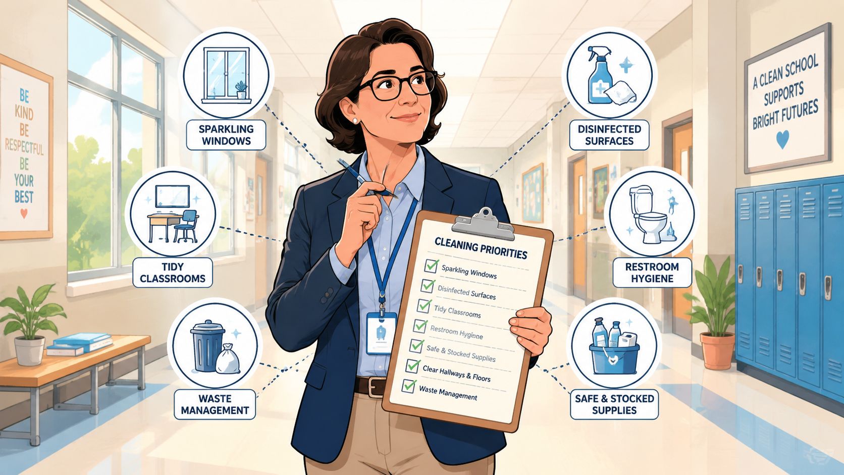 Een professionele manager in een schoolgang die een checklist presenteert met belangrijke schoonmaaktaken voor een hygiënische leeromgeving.