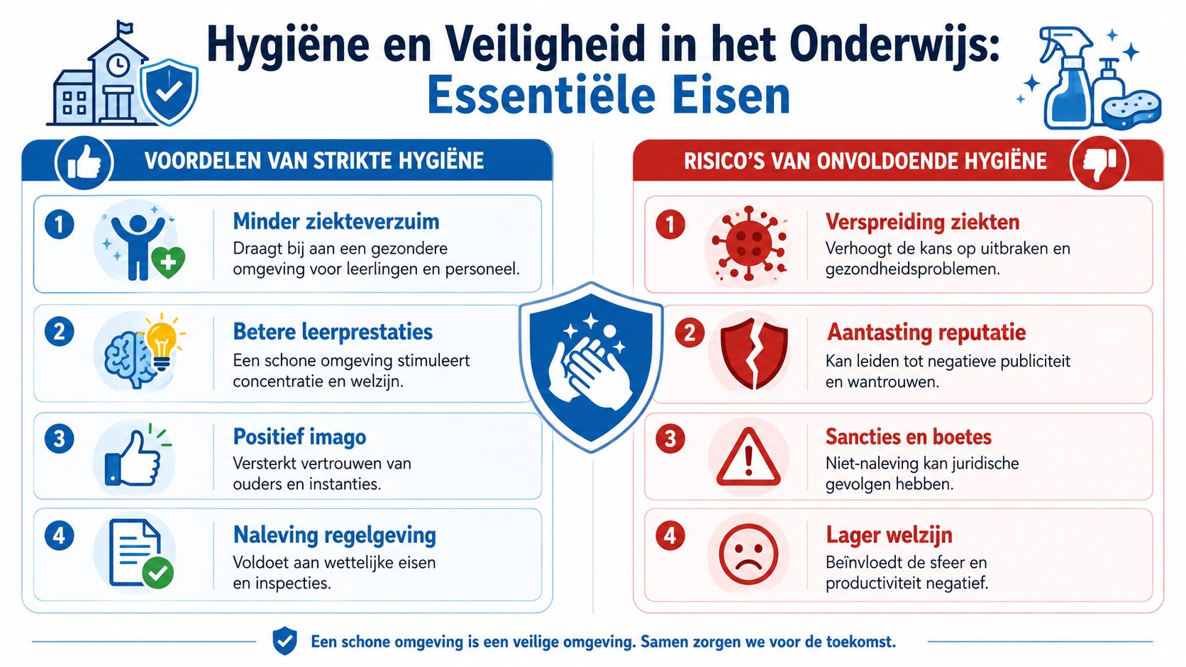 Een informatieve poster over het belang van hygiëne en veiligheid in onderwijsinstellingen voor leerlingen en personeel.