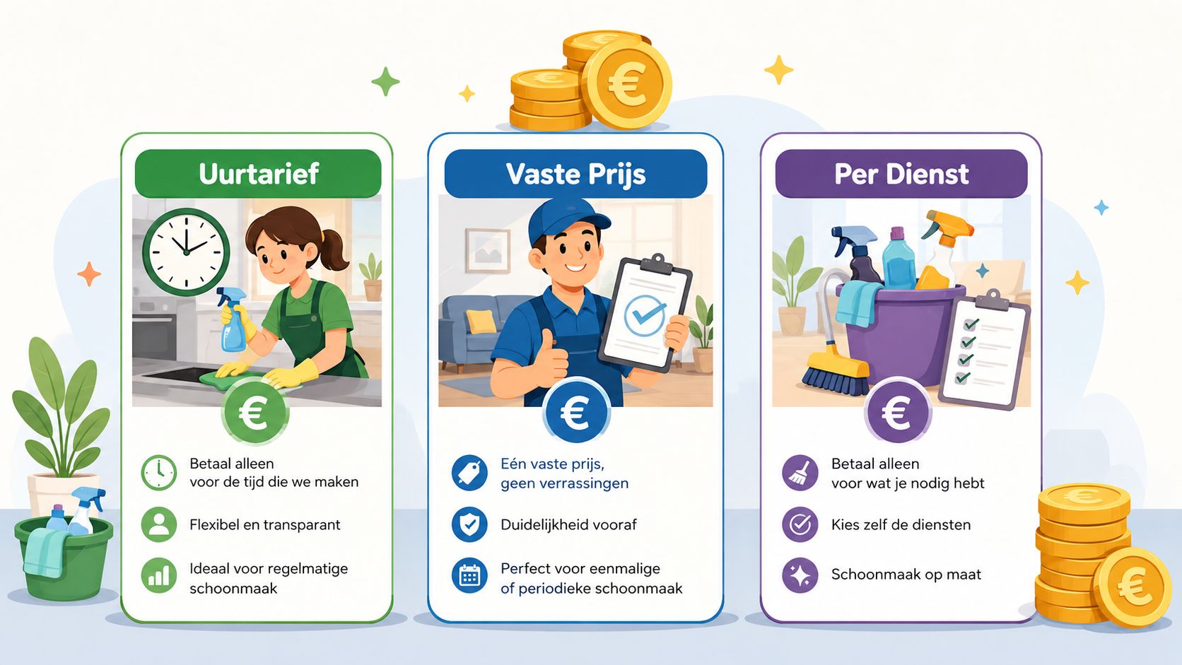 Drie verschillende prijsopties voor een schoonmaakbedrijf: uurtarief, vaste prijs en betalen per specifieke schoonmaakdienst.