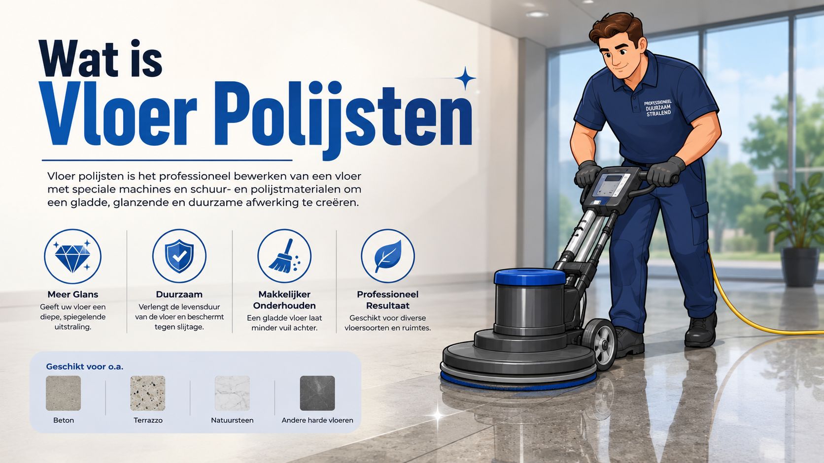 Een professionele schoonmaker polijst een glanzende vloer met een gespecialiseerde machine in een modern kantoorpand.
