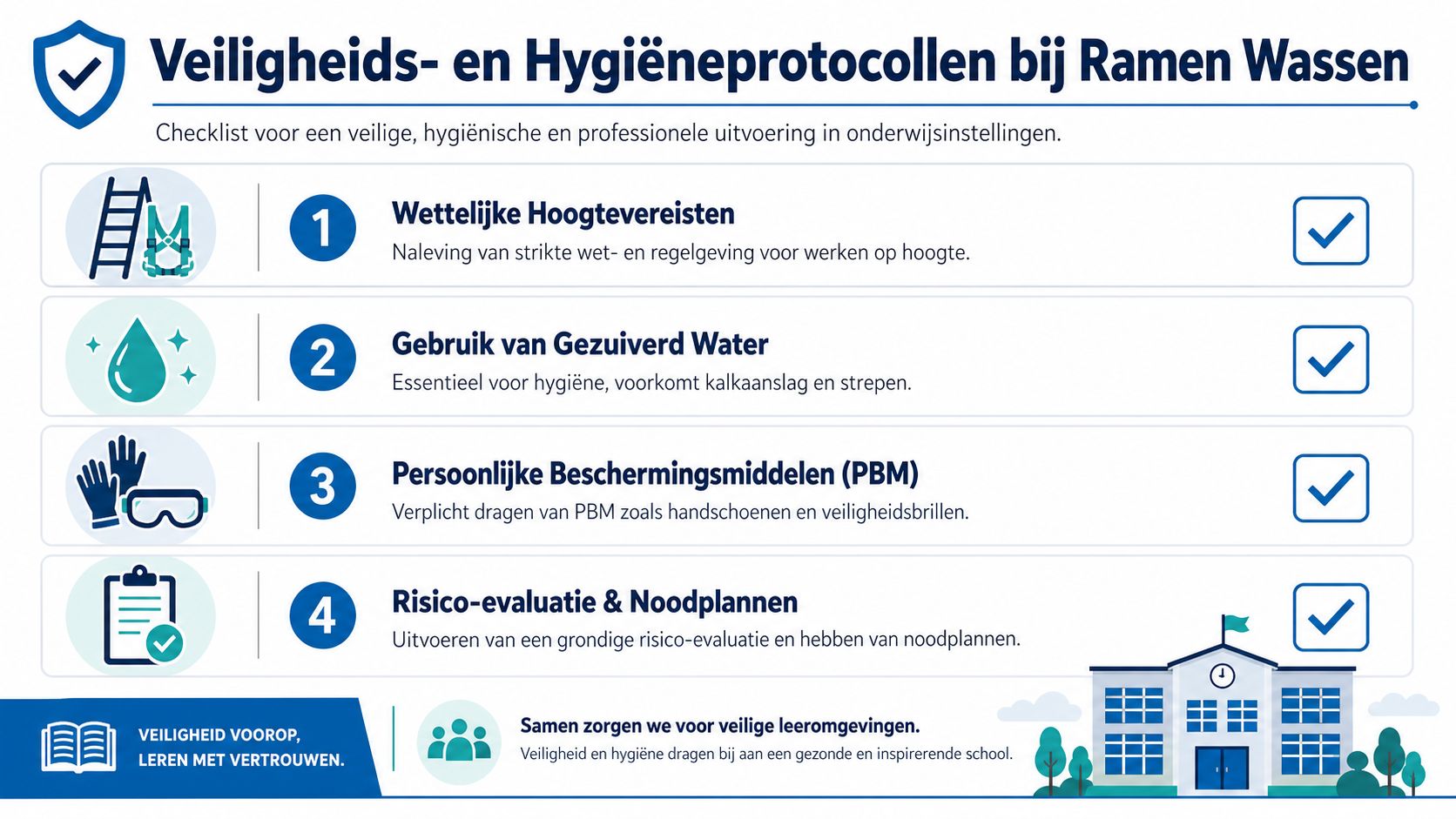Een overzicht van veiligheids- en hygiëneprotocollen bij professioneel ramen wassen voor onderwijsinstellingen in Nederland.