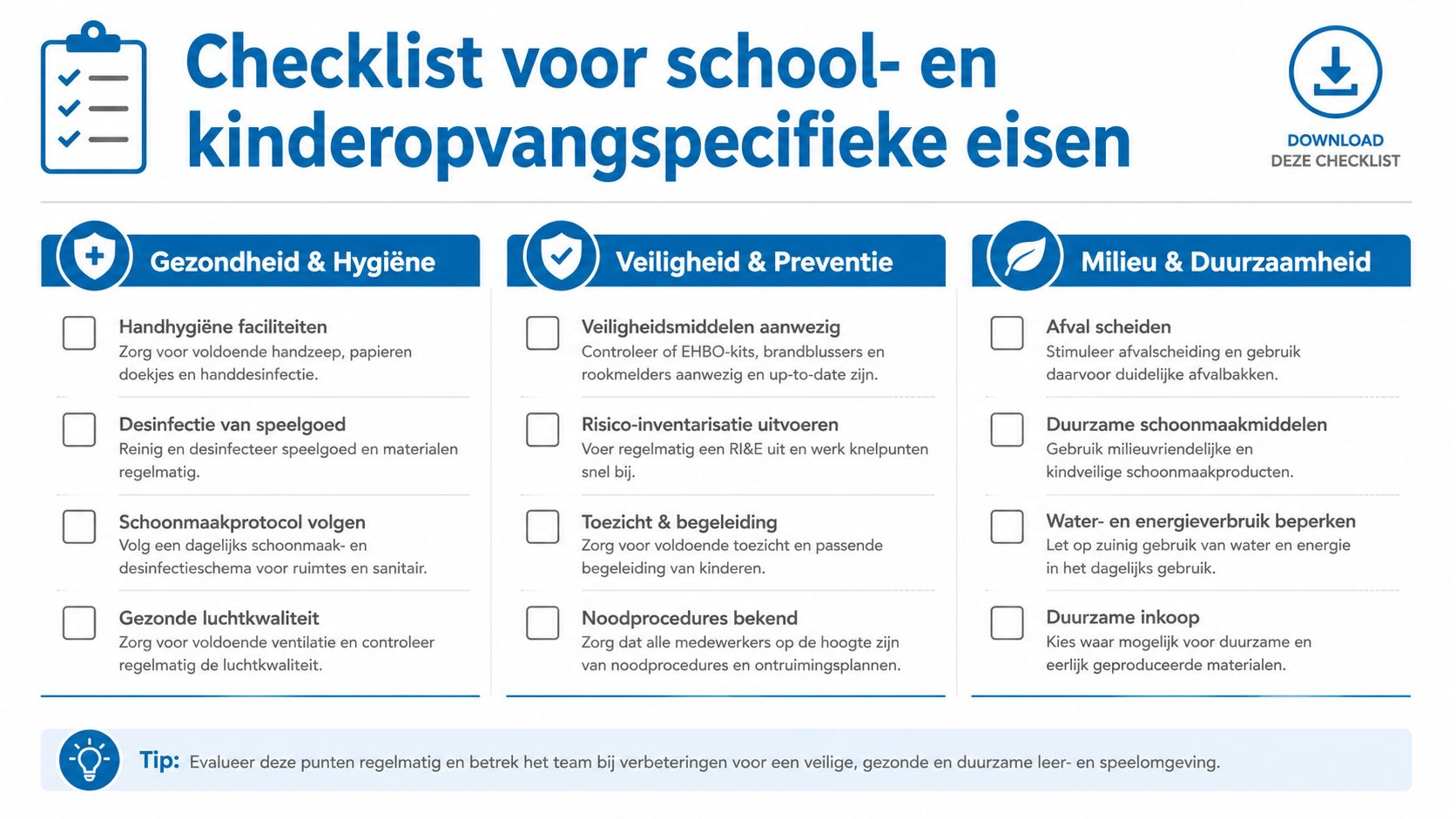 Een overzichtelijke checklist voor scholen en kinderopvang met eisen over gezondheid, veiligheid en duurzaamheid in een werkomgeving.