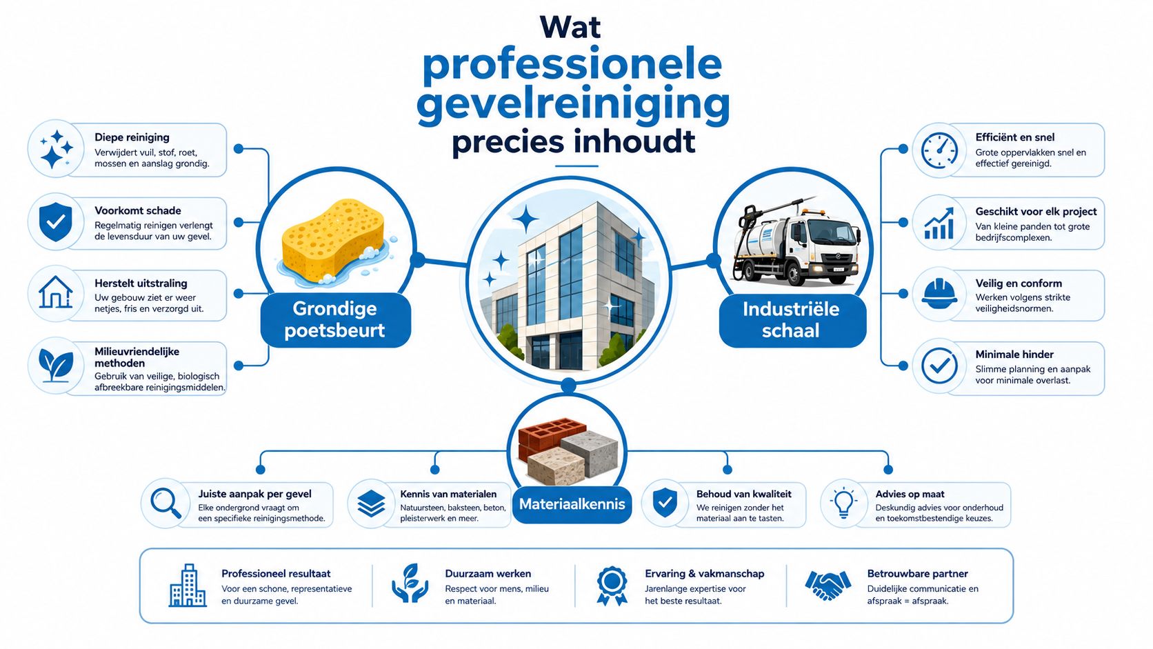 Een informatieve infographic over wat professionele gevelreiniging inhoudt, inclusief de voordelen en gebruikte methodieken voor gebouwen.