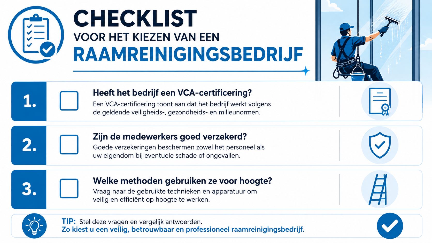 Een checklist voor het kiezen van een professioneel raamreinigingsbedrijf met drie belangrijke criteria voor veiligheid en kwaliteit.