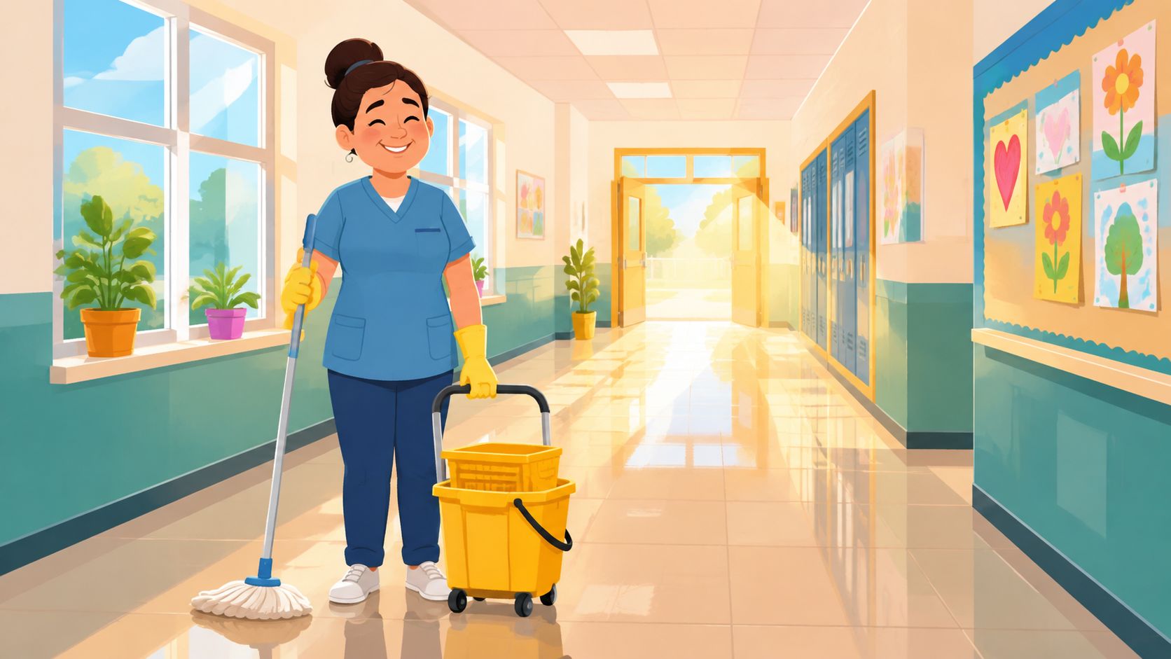 Een vriendelijke schoonmaakmedewerker met mop en emmer staat in een zonnige en schone schoolgang bij de lockers.