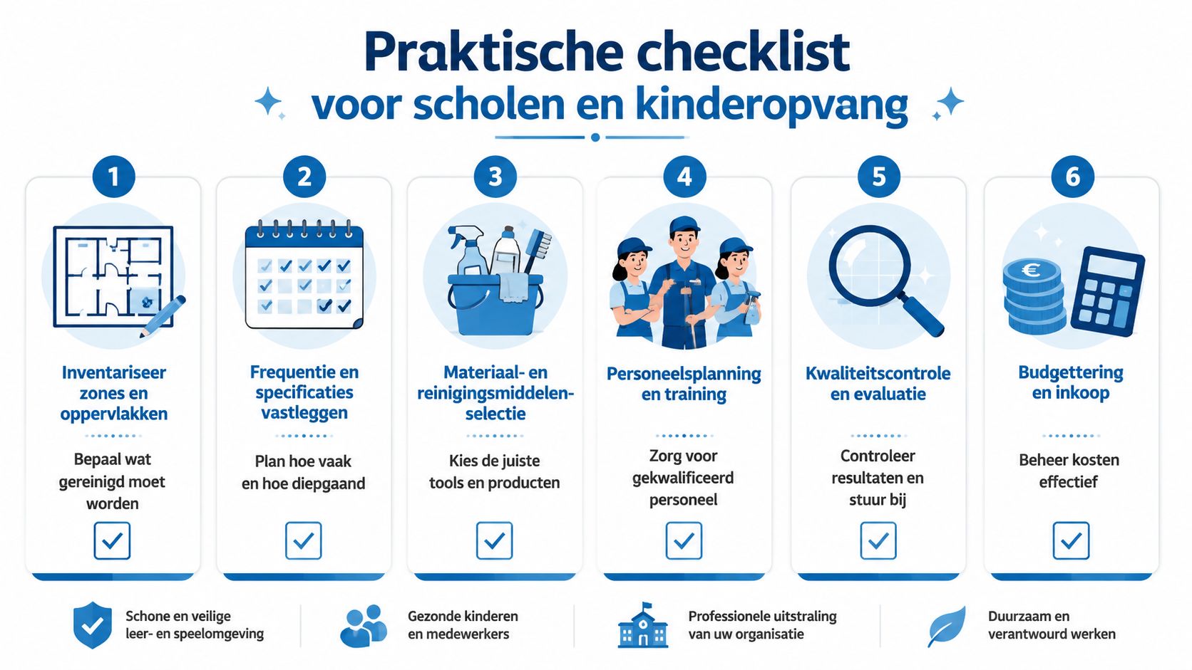 Praktische checklist voor scholen en kinderopvang met zes stappen voor een professioneel en schoon werkomgeving.