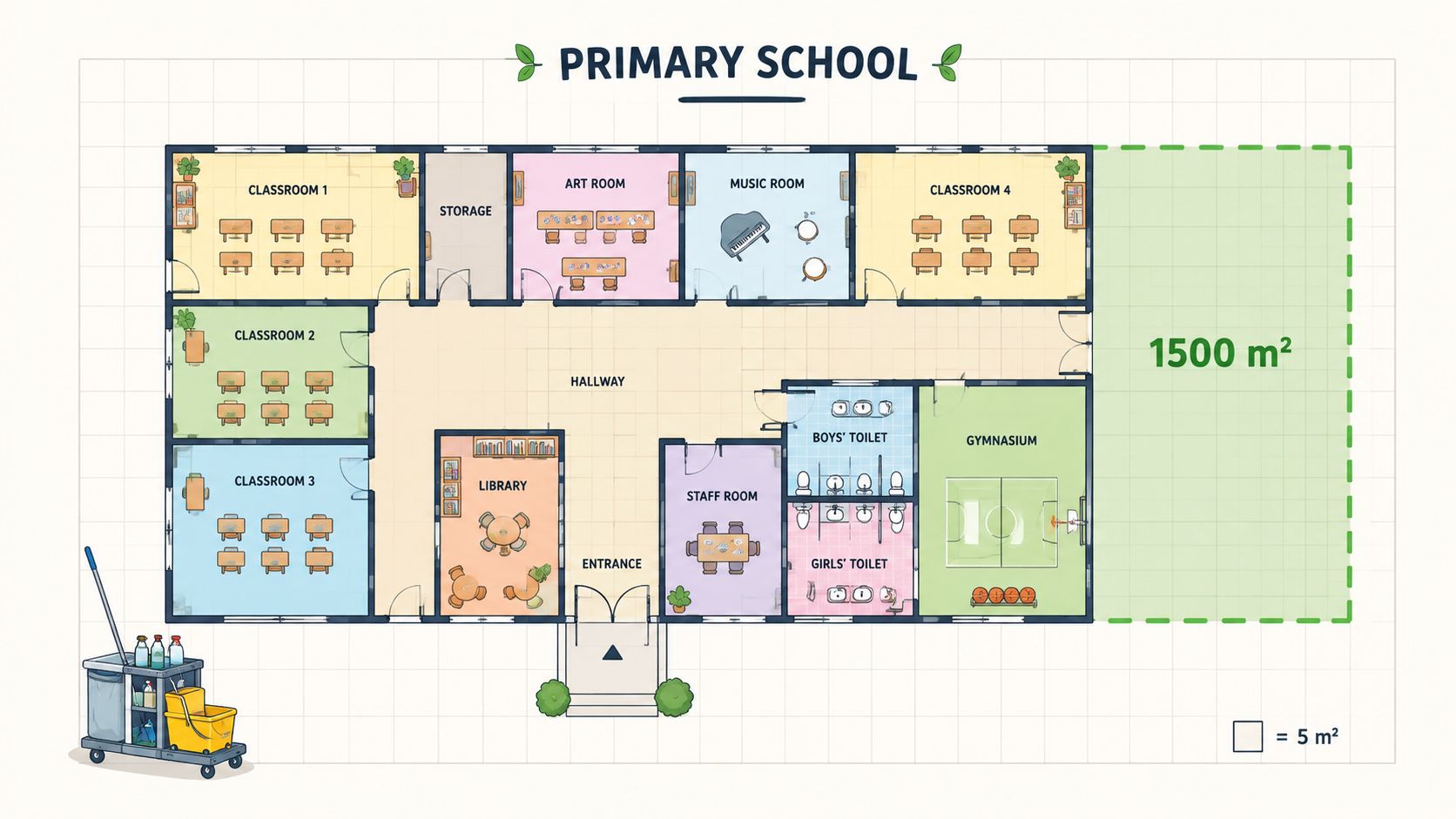 Een plattegrond van een basisschool met verschillende klaslokalen, een bibliotheek, toiletten en een ruime gymzaal.
