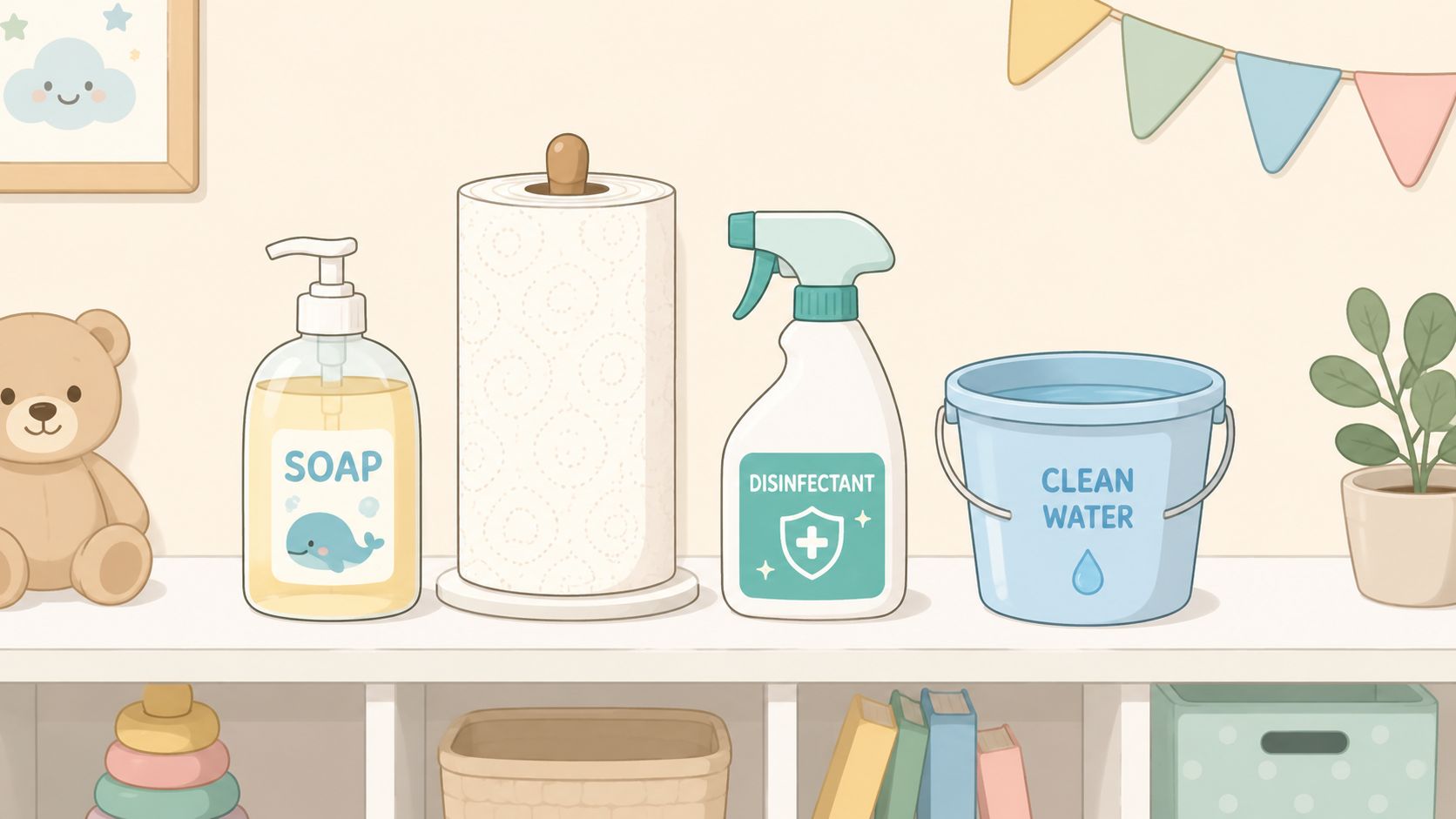 Schoonmaakbenodigdheden zoals zeep, keukenpapier, desinfectiemiddel en een emmer water op een plank in de kinderopvang.