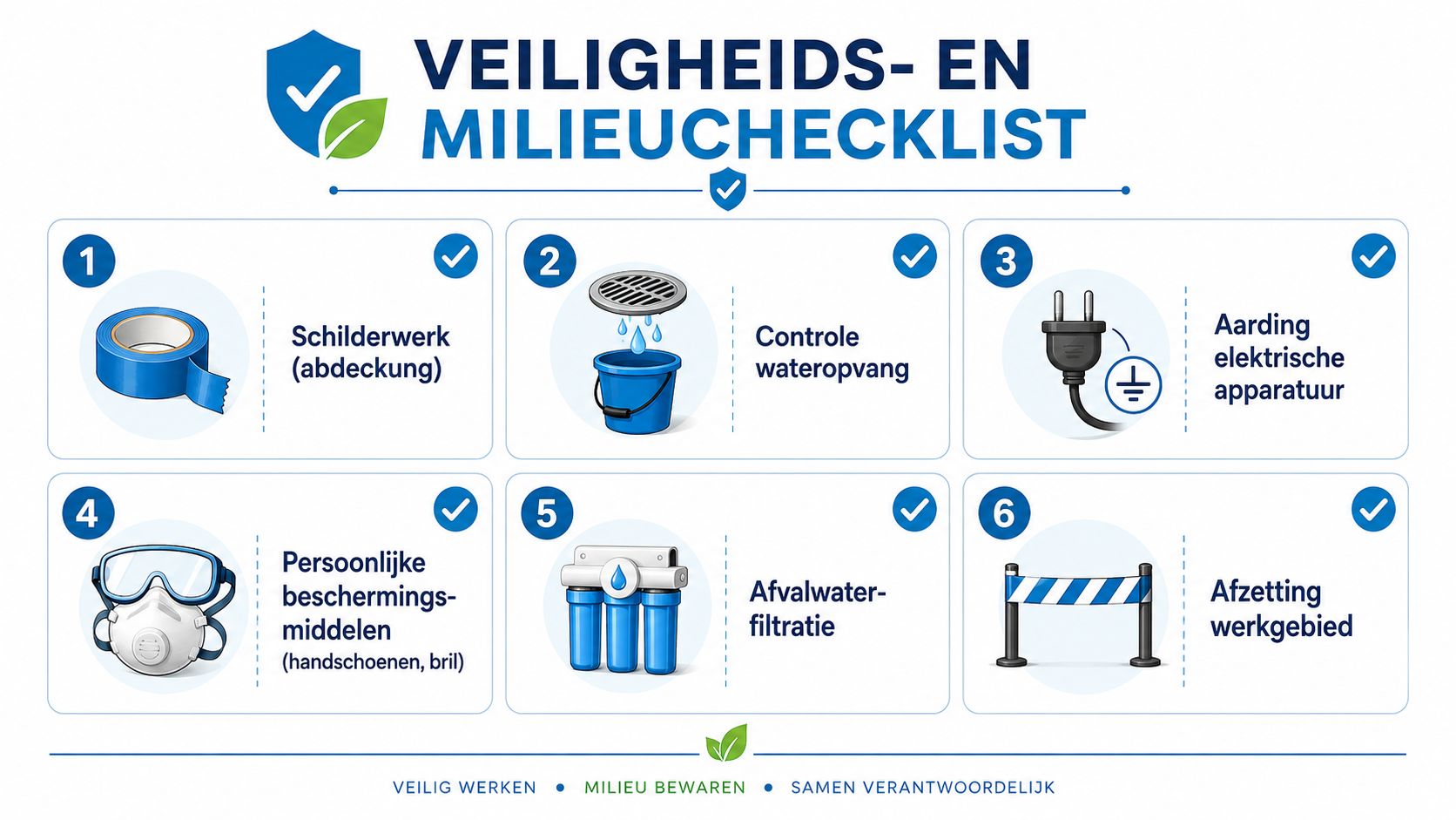 Een overzichtelijke checklist met zes stappen voor veilig werken en milieubescherming bij gevelreiniging en onderhoud.