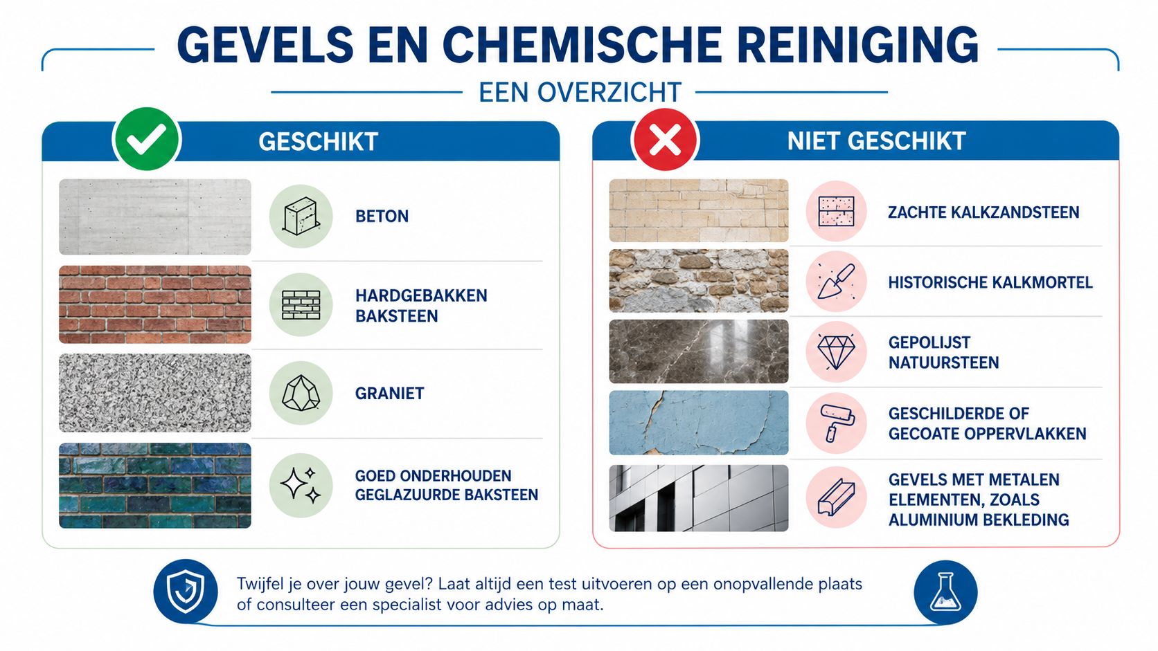 Een overzicht van gevelmaterialen die wel of niet geschikt zijn voor chemische reiniging in een handige tabel.