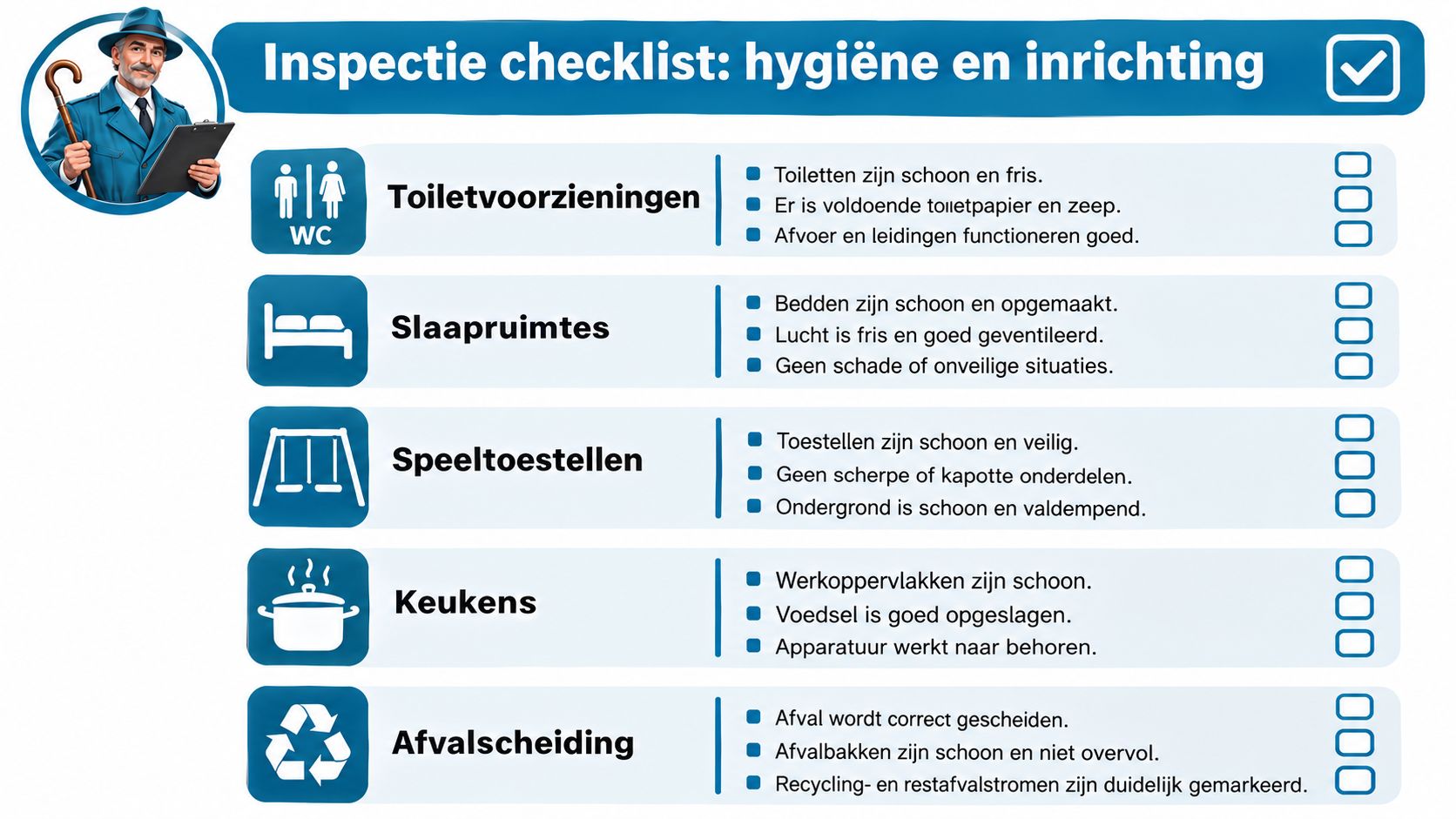 Een overzichtelijke inspectie checklist voor hygiëne en inrichting met iconen voor dagelijks onderhoud en veiligheid.