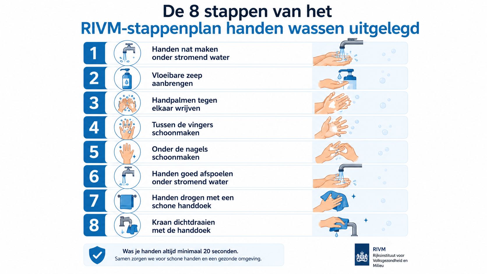 Een overzicht van het RIVM-stappenplan voor het correct handen wassen in acht eenvoudige en duidelijke stappen.