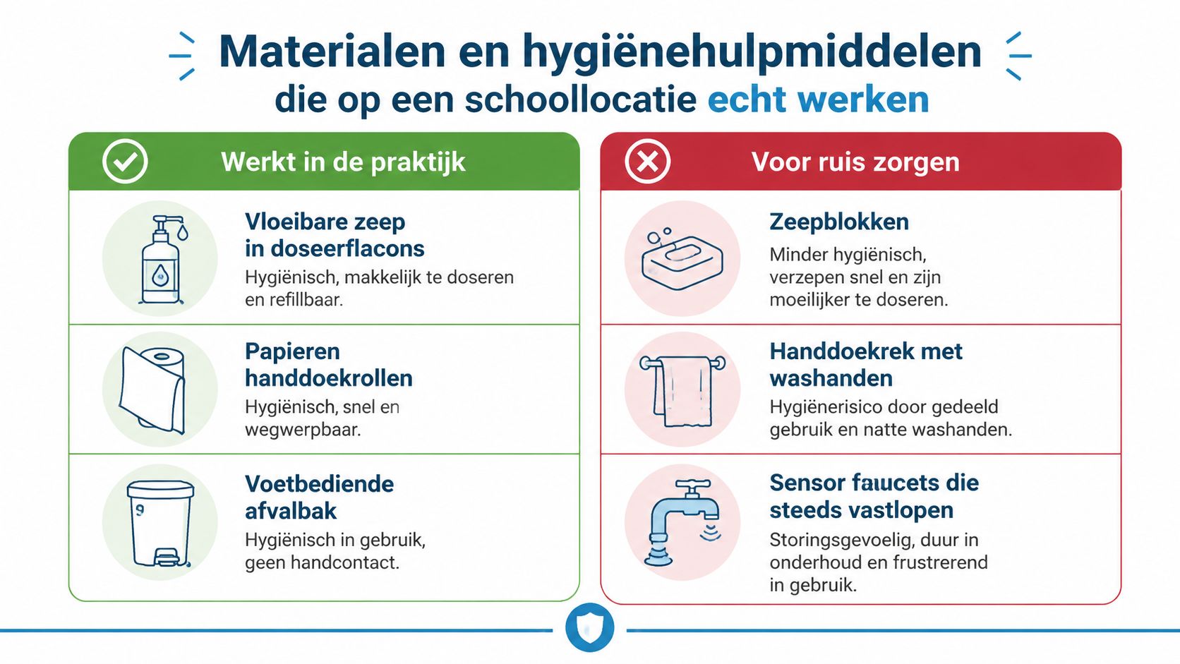 Een infographic met aanbevelingen voor hygiënemiddelen op scholen, verdeeld in aanbevolen methoden en te vermijden items.