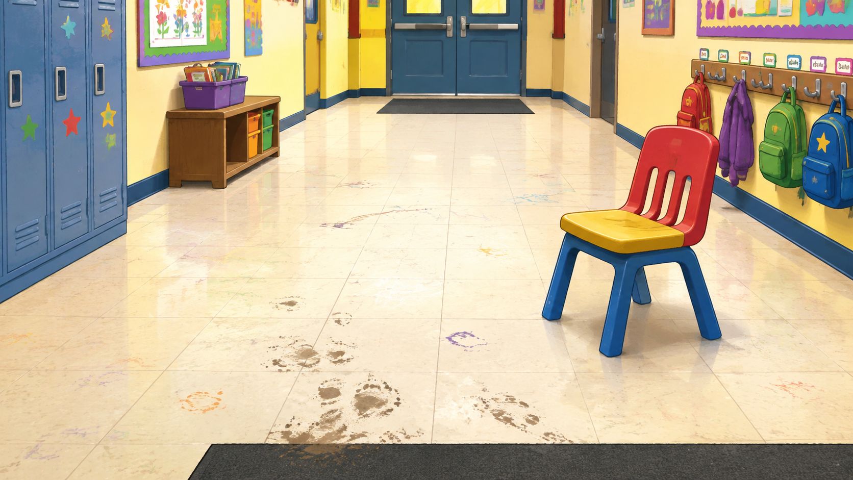 Een kleurrijke schoolgang met modderige voetafdrukken op een lichtgekleurde linoleum vloer die schoongemaakt moet worden.