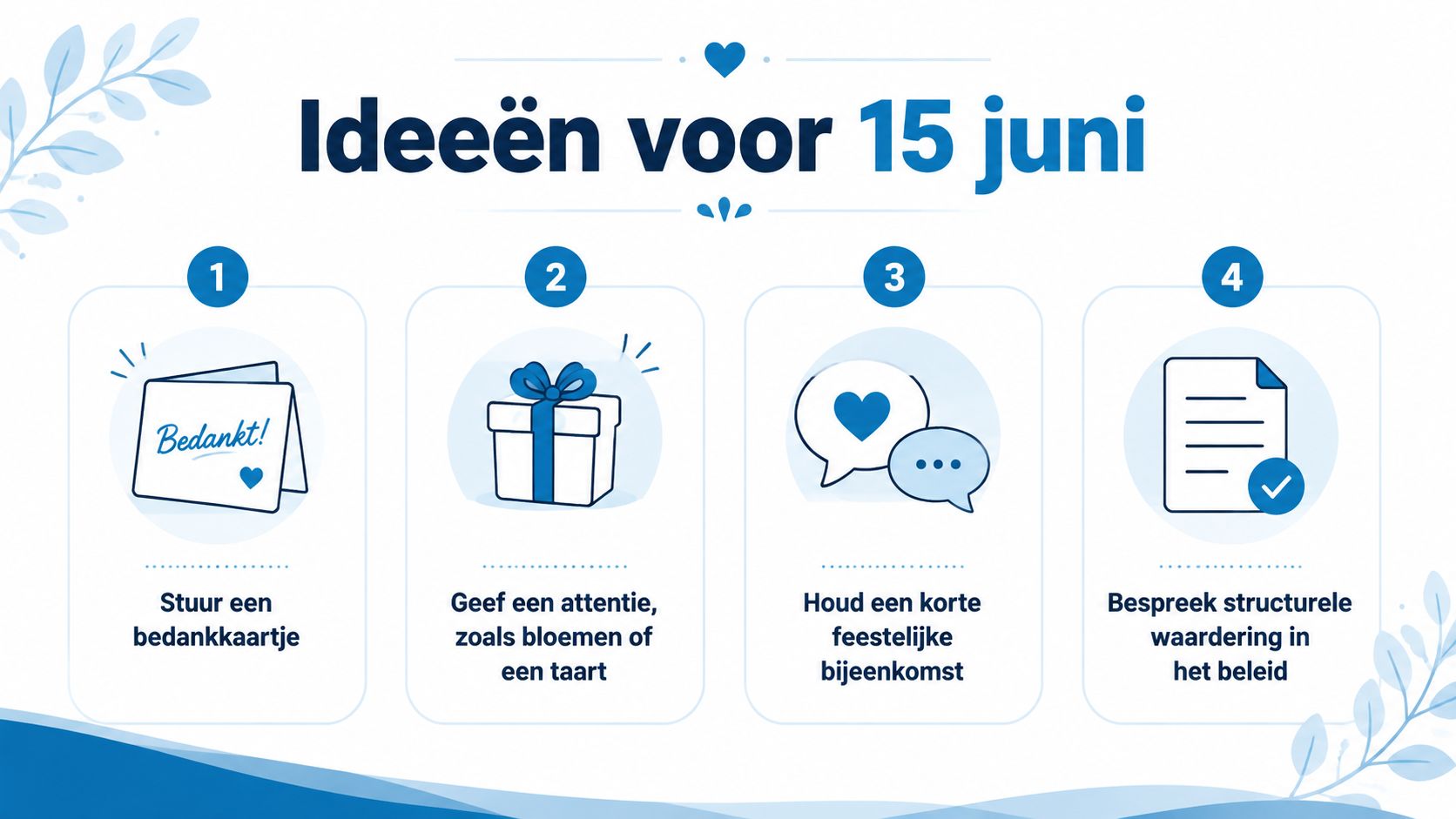 Een infographic met vier suggesties voor 15 juni, de dag van de schoonmaker, om waardering te tonen.