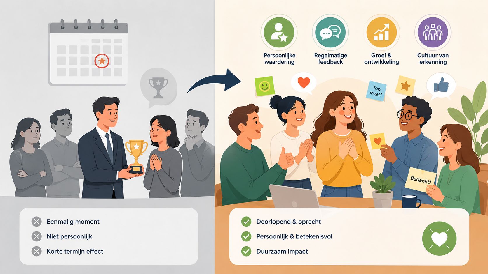 Een illustratie die een verschuiving toont van eenmalige, onpersoonlijke waardering naar continue, oprechte en persoonlijke erkenning op werk.