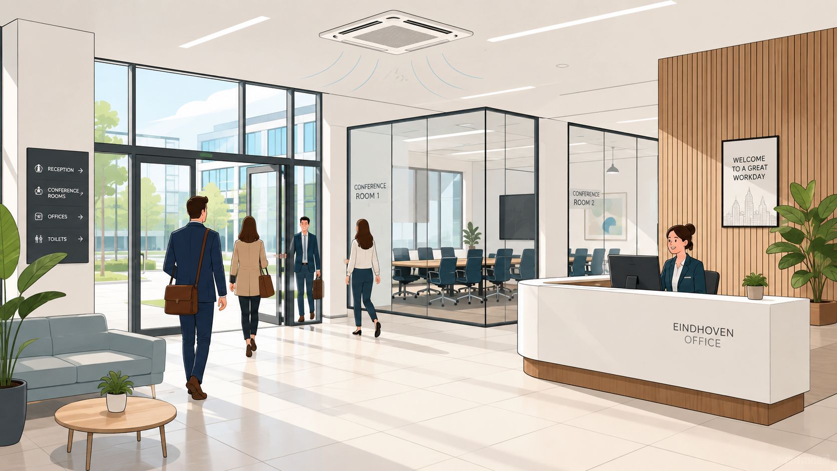 Een moderne kantoorontvangsthal met medewerkers die binnenlopen en een receptioniste achter de balie in Eindhoven.