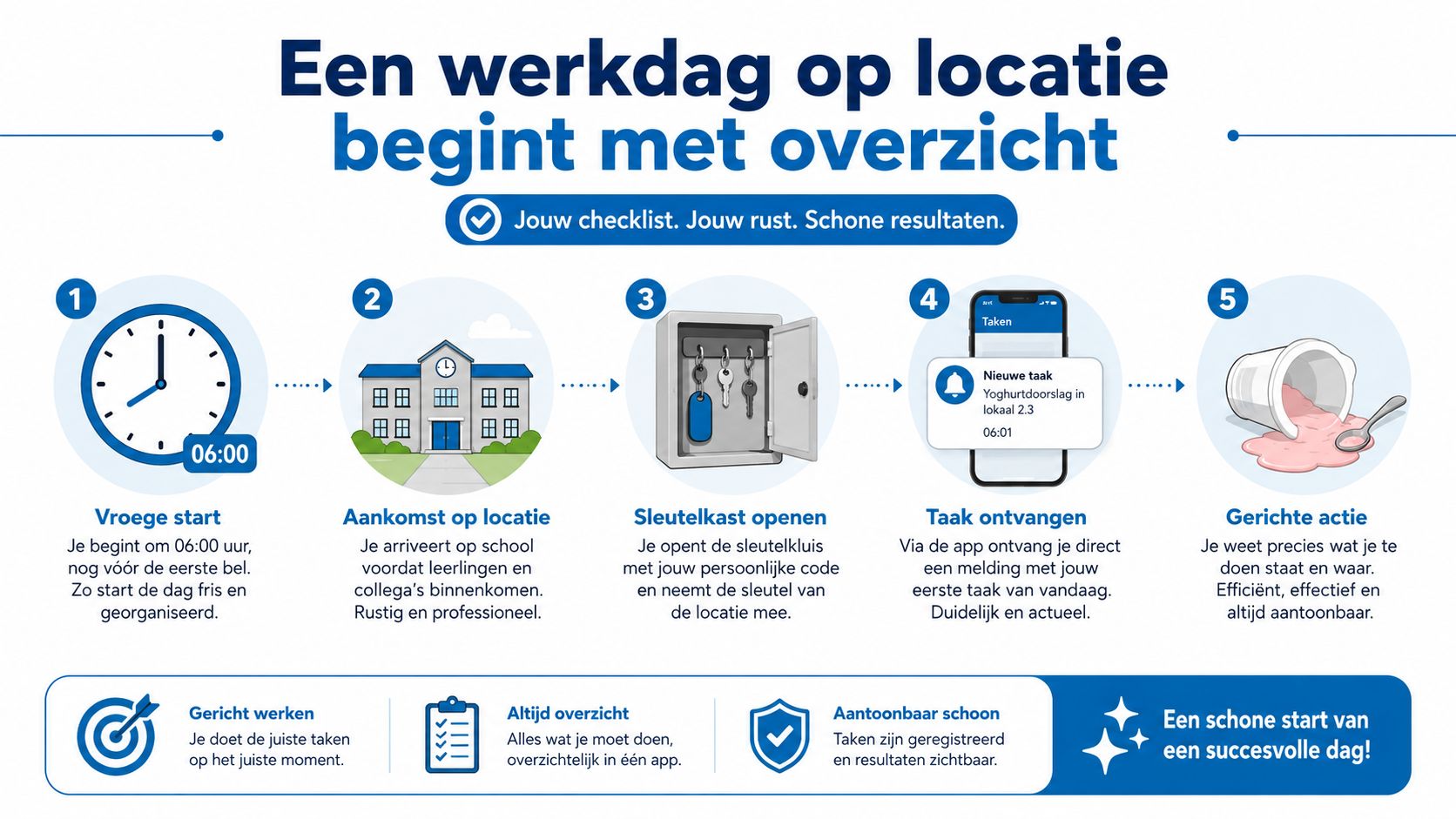 Een infographic over een efficiënte werkdag voor schoonmakers, weergegeven in vijf stappen van start tot resultaat.