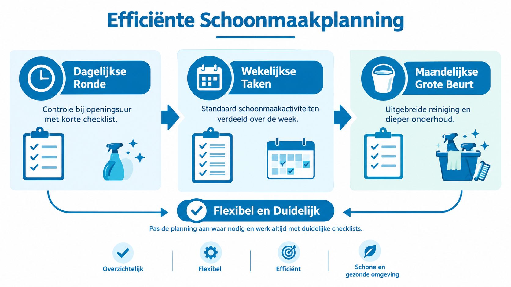 Een overzichtelijke infographic over efficiënte schoonmaakplanning met dagelijkse, wekelijkse en maandelijkse taken voor een schone omgeving.