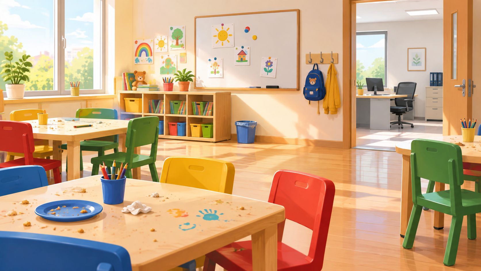 Een kleurrijk klaslokaal in een basisschool met houten tafels, stoelen en educatieve kunstwerken aan de muur.