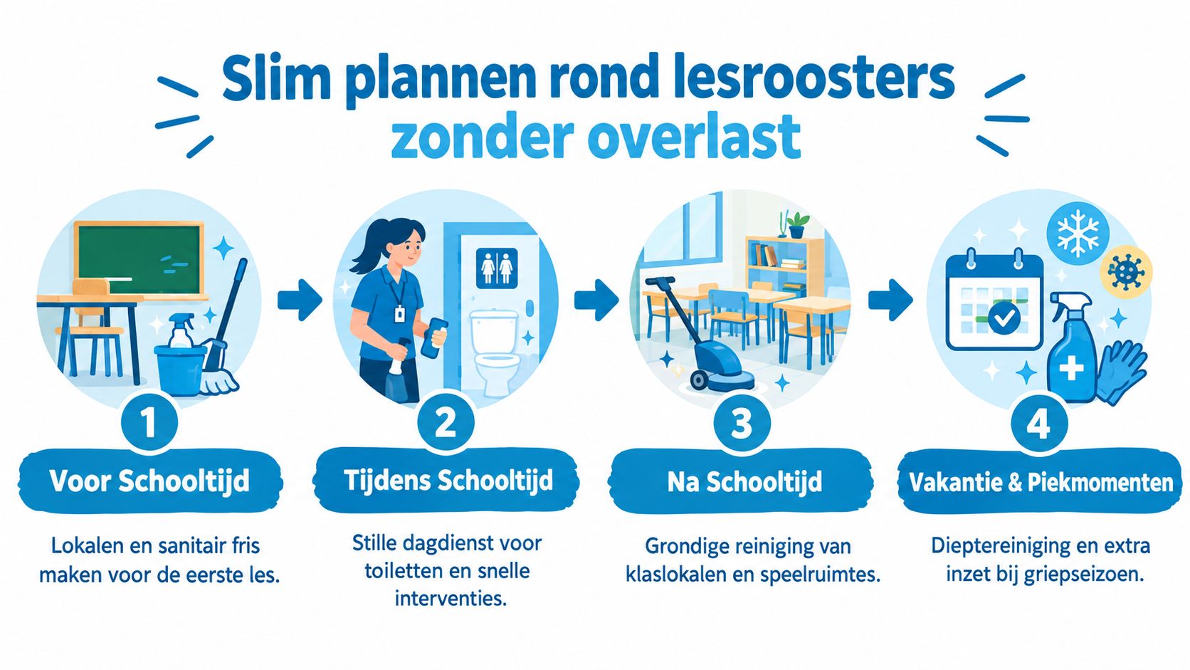 Een stappenplan voor het efficiënt reinigen van scholen tijdens en buiten schooluren voor een schone omgeving.