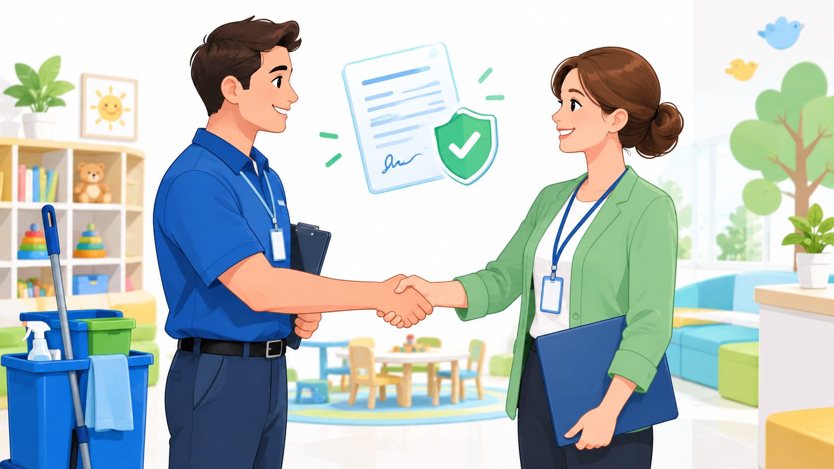 Een medewerker van een schoonmaakbedrijf schudt de hand met een medewerker op een kinderopvanglocatie na contractondertekening.