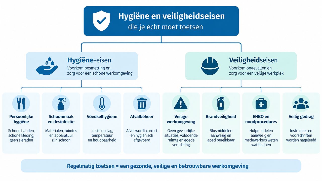 Een overzichtelijk schema over hygiëne en veiligheidseisen voor een gezonde, veilige en betrouwbare werkomgeving op school.