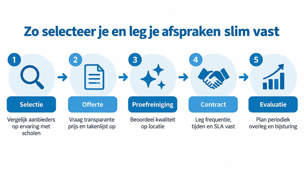 Een stappenplan voor het selecteren en vastleggen van afspraken met een professioneel schoonmaakbedrijf voor scholen.