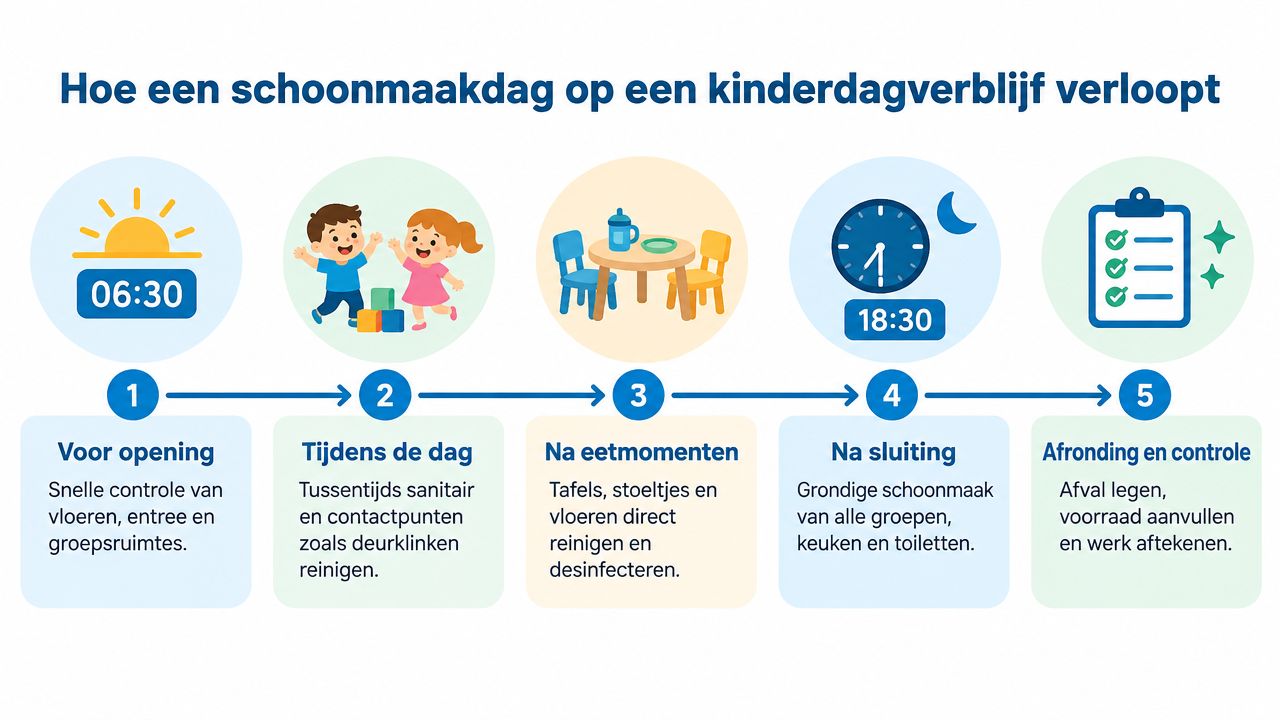 Een stappenplan voor een hygiënische dagindeling met schoonmaaktaken op een kinderdagverblijf van opening tot sluiting.