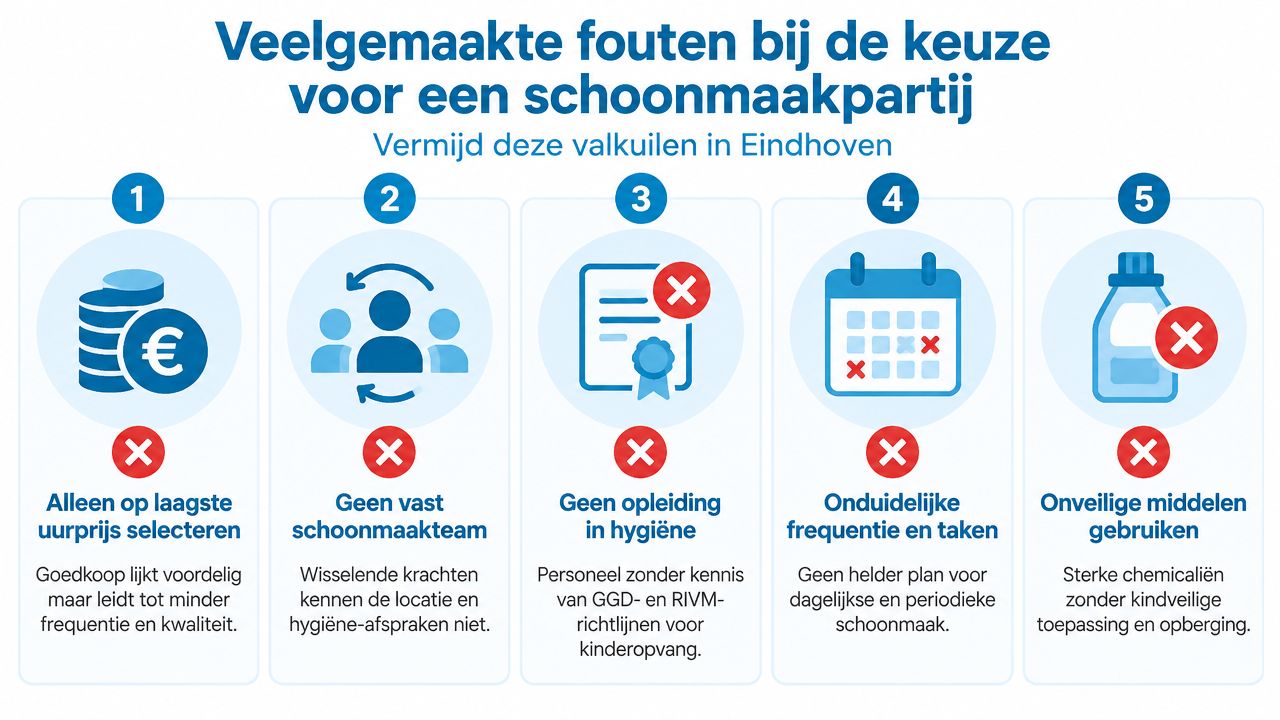 Een infographic met vijf veelgemaakte fouten bij het kiezen van een schoonmaakbedrijf voor de kinderopvang in Eindhoven.
