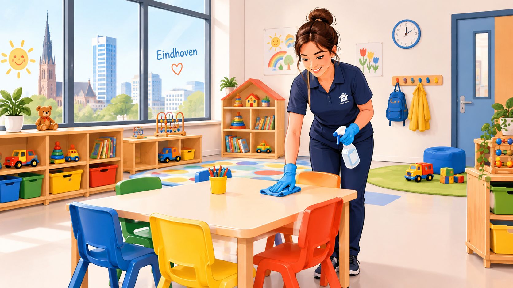 Een glimlachende schoonmaker in uniform maakt een tafel schoon in een kleurrijk en kindvriendelijk kinderdagverblijf in Eindhoven.
