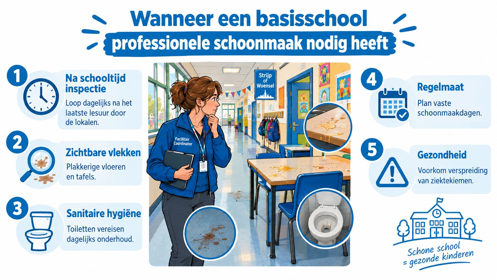 Een infographic over wanneer een basisschool professionele schoonmaak nodig heeft, met tips over hygiëne en inspectie.