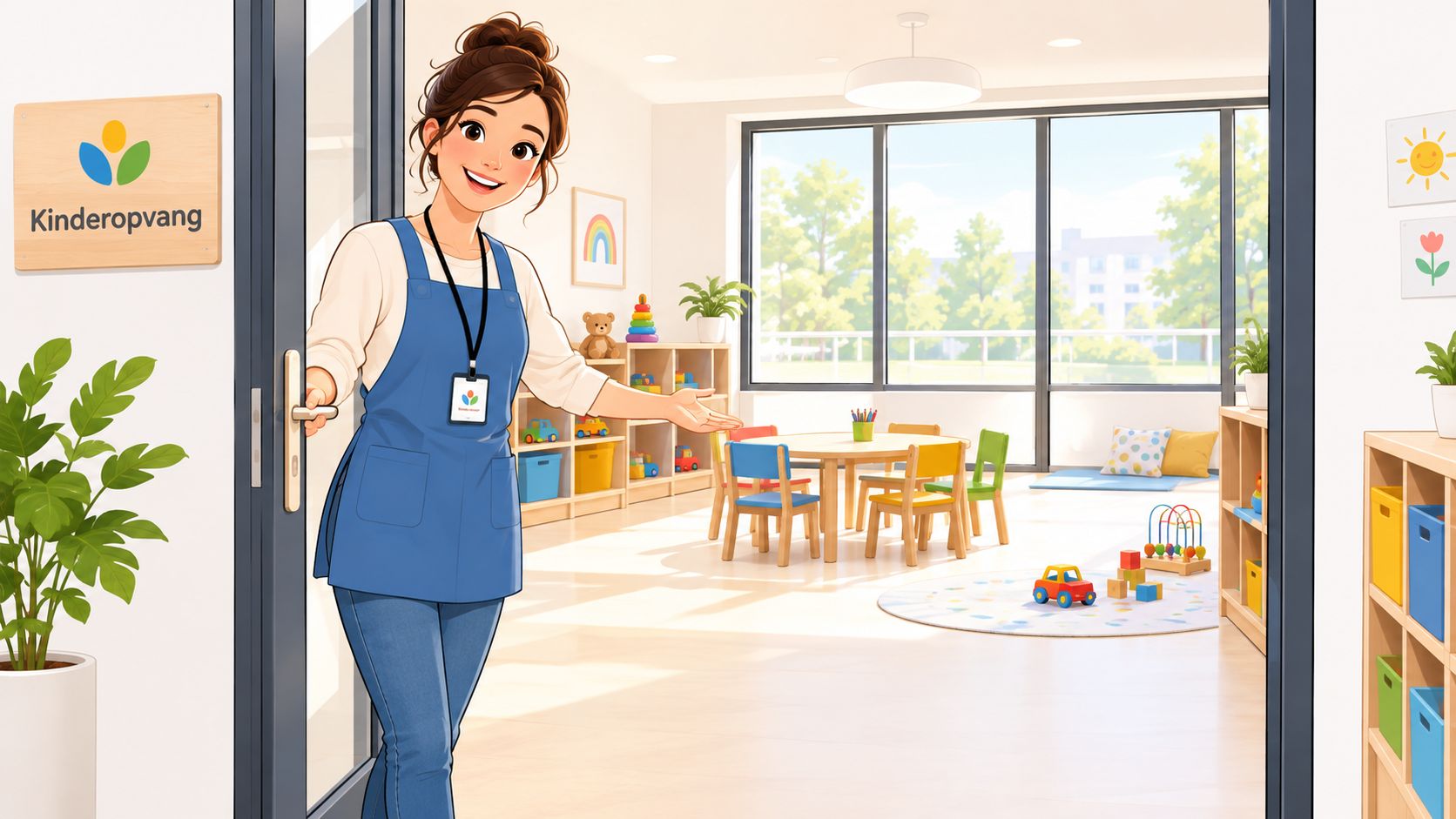 Een vriendelijke medewerkster van de kinderopvang heet je welkom bij de ingang van een vrolijke, kleurrijke groepsruimte.
