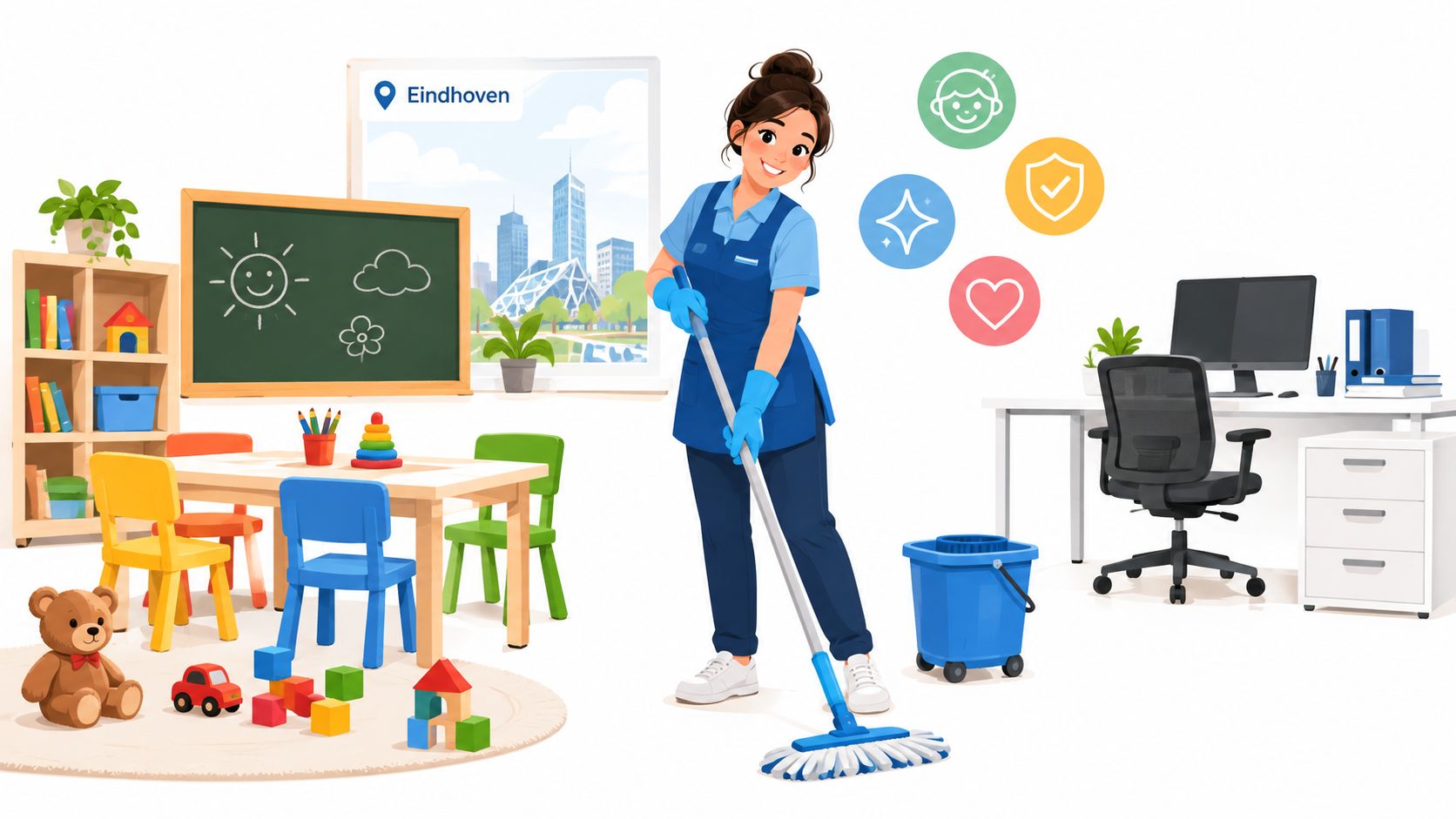 Een vriendelijke schoonmaakster maakt een klaslokaal in Eindhoven schoon met dweil en blauwe emmer op de voorgrond.