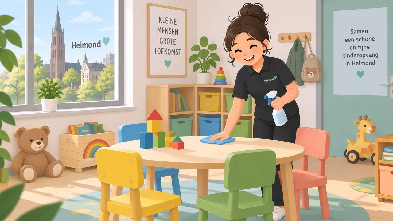 Een vrolijke medewerker maakt een tafel schoon in een kleurrijke en gezellige kinderopvang in Helmond.