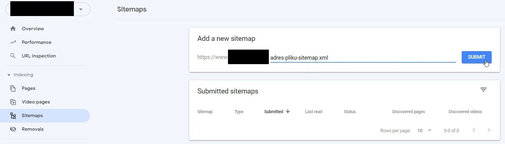Site Map (Sitemaps) tab in Google Search Console.