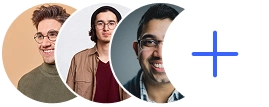 Profile pictures of three smiling young men with a plus sign icon for adding more.