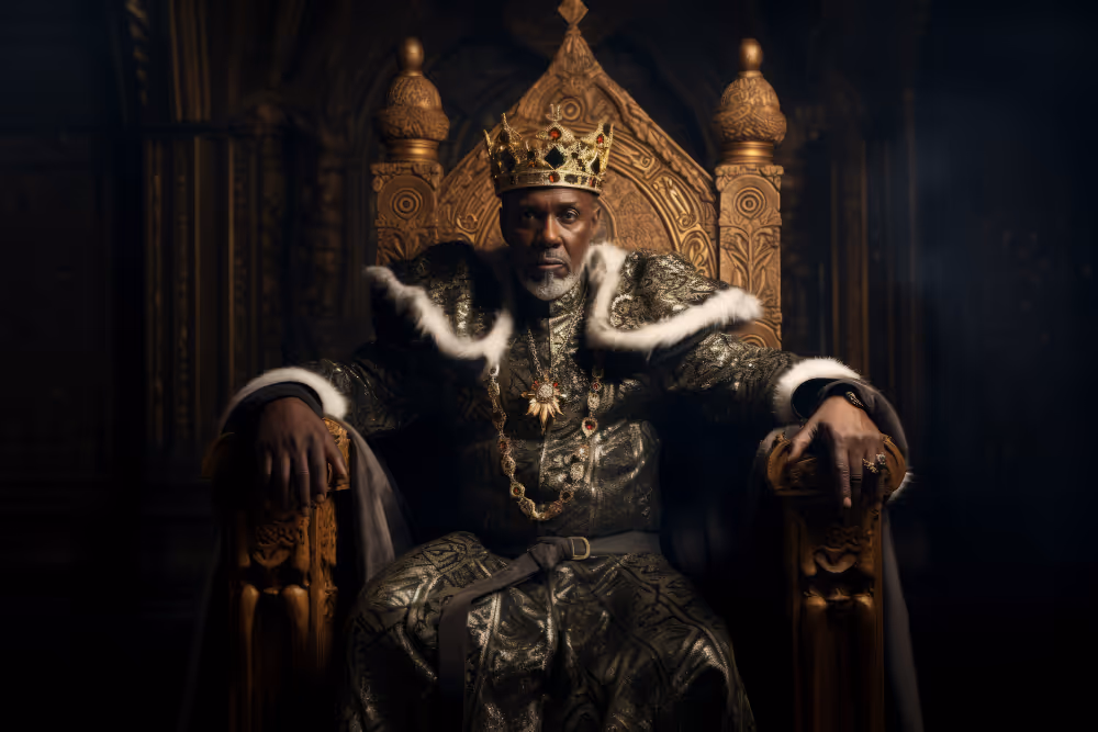 Un roi portant une couronne ornée et un manteau royal assis sur un trône en bois sculpté dans une pièce sombre.