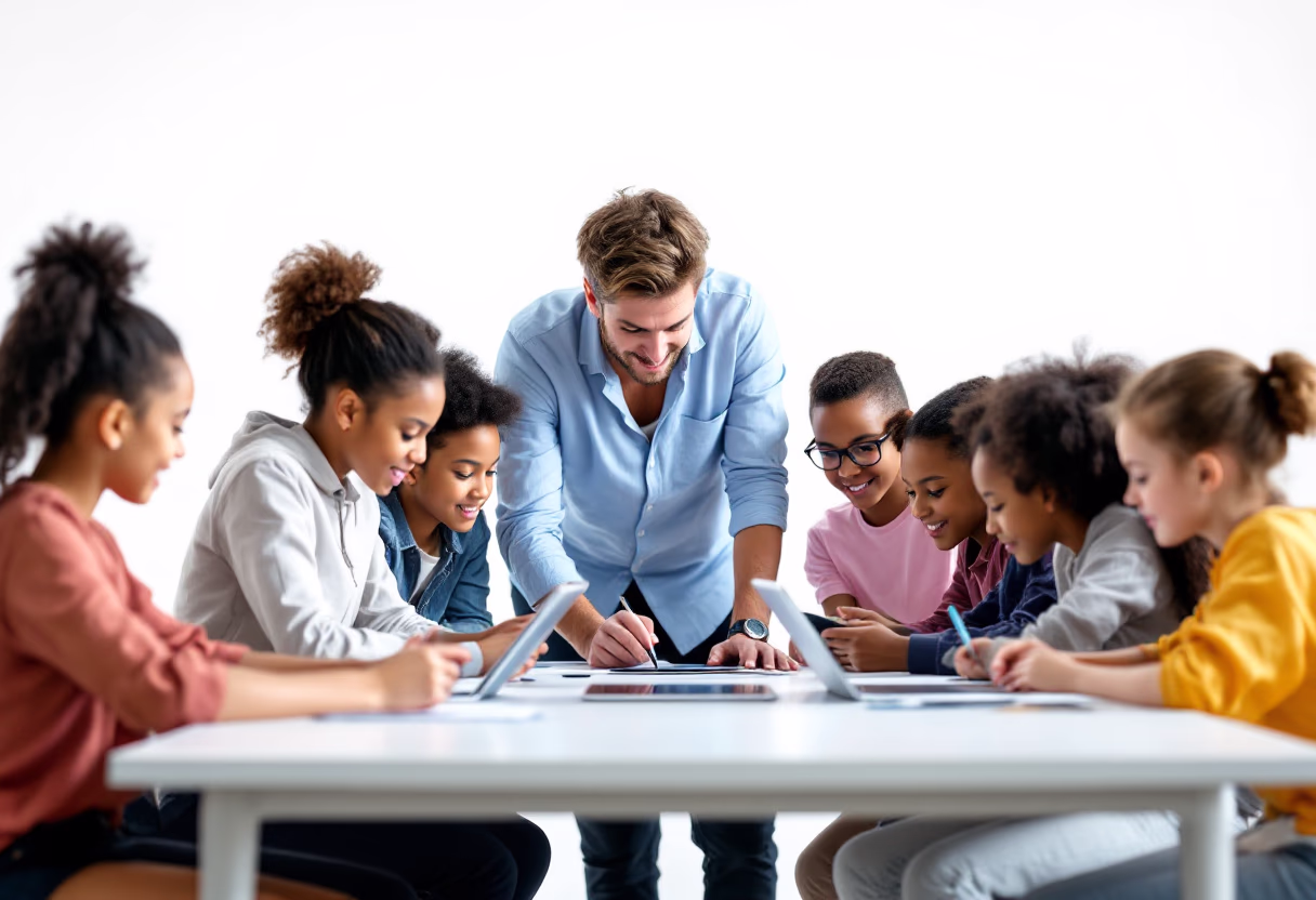Teacher assisting a diverse group of students working on tablets and writing at a classroom table.
