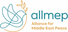 Logo with abstract dove holding an olive branch and text 'allmep Alliance for Middle East Peace'.